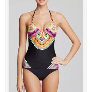 Trina Turk Nuevo Sol Halter Tankini‎ Top Size 6 Black Colorful Beach Cruise Wear